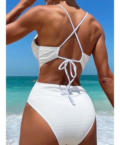 Women's Solid Criss Cross Deep V Neck One Piece Swimsuit Y2K Backless Tie Bathing Suits Swimwear Beachwear White $19.50 Swims...