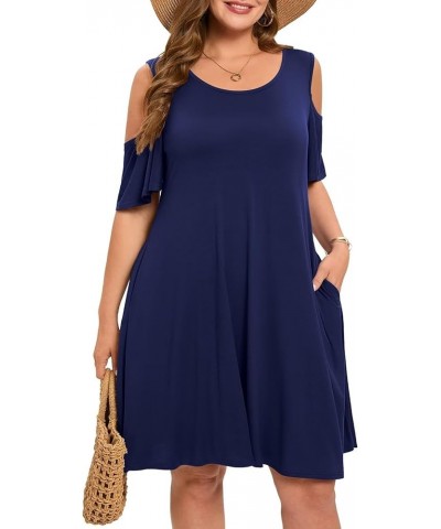 Womens Plus Size Dresses Short Sleeve Cold Shoulder Casual T Shirt Swing Dress Summer Beach Sundress Navy Blue $15.19 Dresses