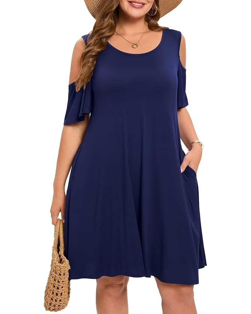 Womens Plus Size Dresses Short Sleeve Cold Shoulder Casual T Shirt Swing Dress Summer Beach Sundress Navy Blue $15.19 Dresses