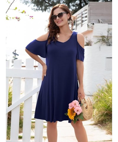 Womens Plus Size Dresses Short Sleeve Cold Shoulder Casual T Shirt Swing Dress Summer Beach Sundress Navy Blue $15.19 Dresses