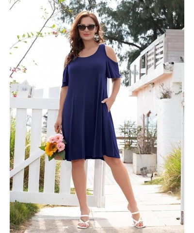 Womens Plus Size Dresses Short Sleeve Cold Shoulder Casual T Shirt Swing Dress Summer Beach Sundress Navy Blue $15.19 Dresses