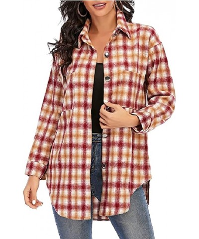 Women's Oversized Flannel Shirt Plaid Shirt Jacket Button Down Shirt Fall Outwear Warm Clothes Red and Yellow $19.03 Tops