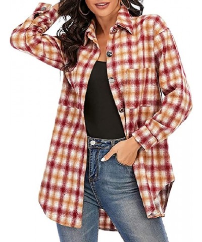 Women's Oversized Flannel Shirt Plaid Shirt Jacket Button Down Shirt Fall Outwear Warm Clothes Red and Yellow $19.03 Tops