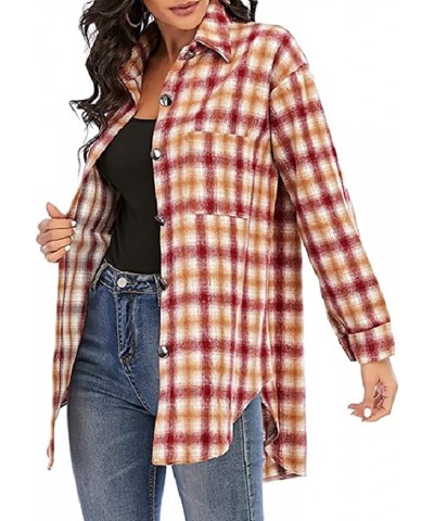 Women's Oversized Flannel Shirt Plaid Shirt Jacket Button Down Shirt Fall Outwear Warm Clothes Red and Yellow $19.03 Tops