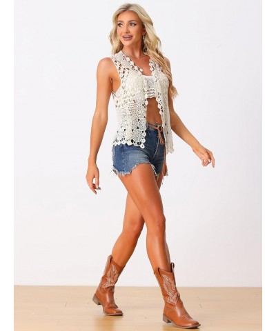 Women's Sleeveless Open Front Cardigan Vest Hollow Out Crochet Shrug Beige $17.04 Sweaters