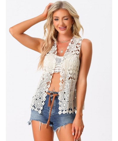 Women's Sleeveless Open Front Cardigan Vest Hollow Out Crochet Shrug Beige $17.04 Sweaters