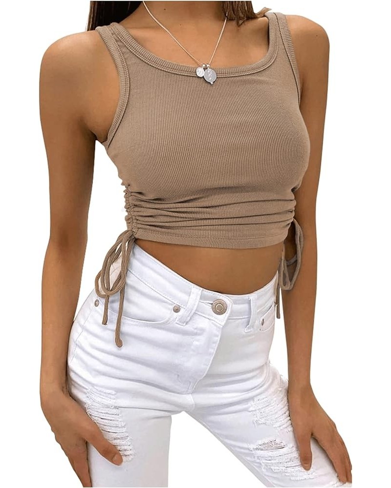 Cropped Tank Tops for Women Sleveless Drawstring Ruched Side Racerback Ribbed Crop Tops Coffee $10.56 Tanks