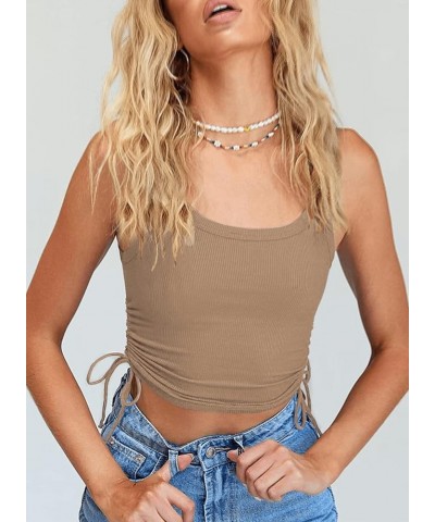 Cropped Tank Tops for Women Sleveless Drawstring Ruched Side Racerback Ribbed Crop Tops Coffee $10.56 Tanks