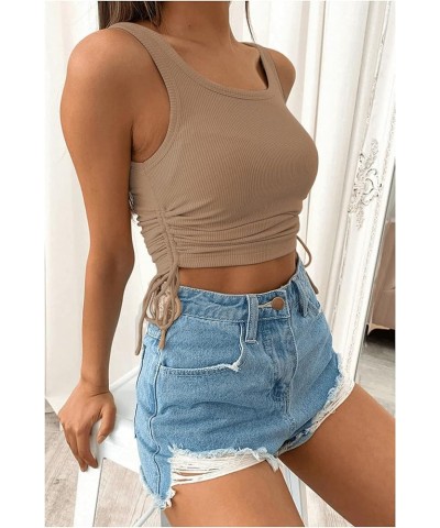 Cropped Tank Tops for Women Sleveless Drawstring Ruched Side Racerback Ribbed Crop Tops Coffee $10.56 Tanks