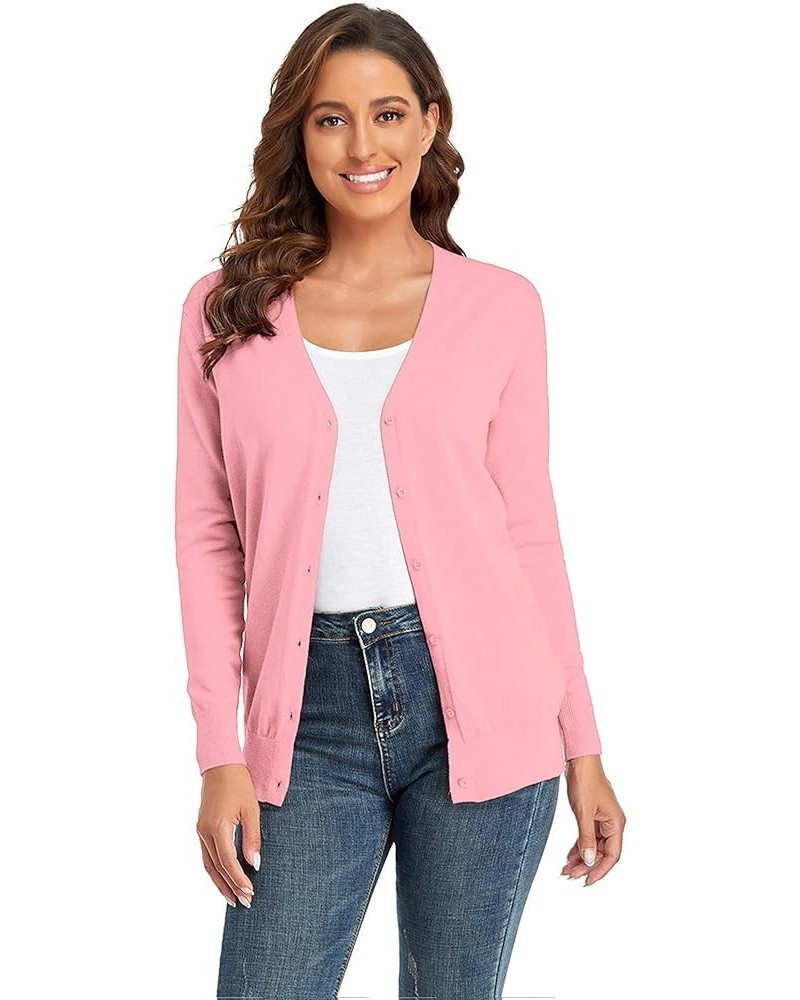 Women’s V-Neck Cardigan Long Sleeve Sweater for Women Button Down Soft Knit Coat Pink $13.19 Sweaters