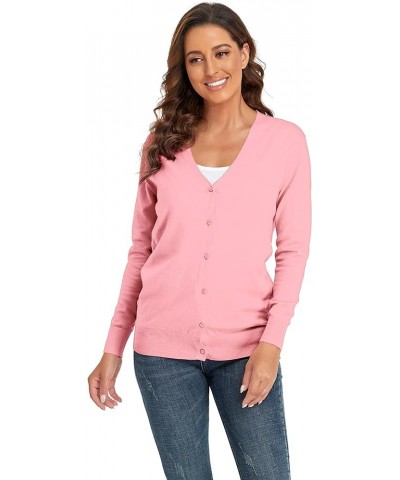 Women’s V-Neck Cardigan Long Sleeve Sweater for Women Button Down Soft Knit Coat Pink $13.19 Sweaters