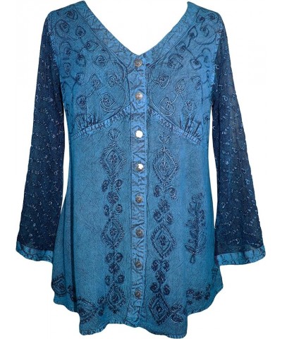 Women's Sexy Sheer Embroidered Netted Lace Long Bell Sleeve Button Down Medieval Victorian Blouse Shirt Blue $24.72 Blouses