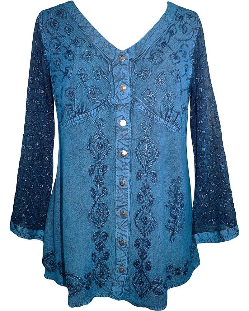 Women's Sexy Sheer Embroidered Netted Lace Long Bell Sleeve Button Down Medieval Victorian Blouse Shirt Blue $24.72 Blouses