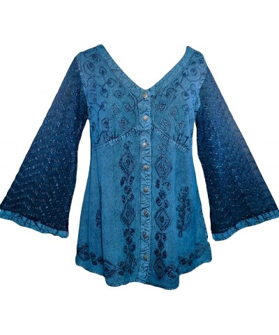 Women's Sexy Sheer Embroidered Netted Lace Long Bell Sleeve Button Down Medieval Victorian Blouse Shirt Blue $24.72 Blouses