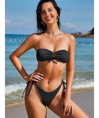 Women O Ring Bandeau Bikini Set, Strapless Swimsuit Tie Bikini High Cut 2 Pieces Bathing Suit 0-black $14.92 Swimsuits