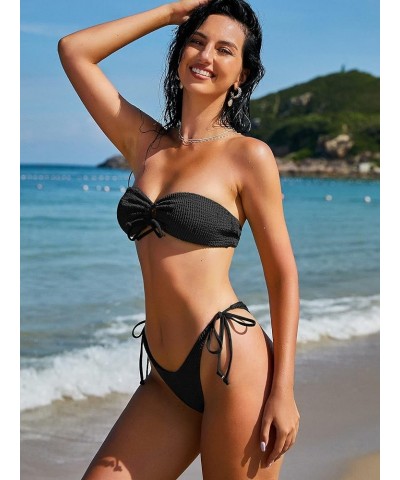 Women O Ring Bandeau Bikini Set, Strapless Swimsuit Tie Bikini High Cut 2 Pieces Bathing Suit 0-black $14.92 Swimsuits