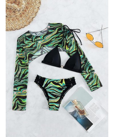 Women's 3 Piece Printed Swimsuit Cut Out Halter Bikini Bathing Suit with Cover Up Multicolor $16.11 Swimsuits