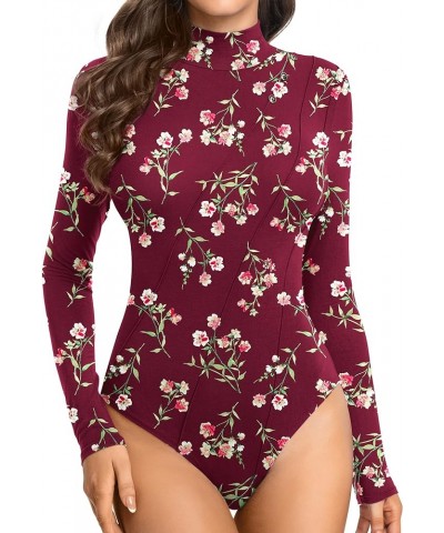 Women's Leotard Basic Tops Bodysuit Jumpsuits Turtleneck Red-floret $10.32 Bodysuits