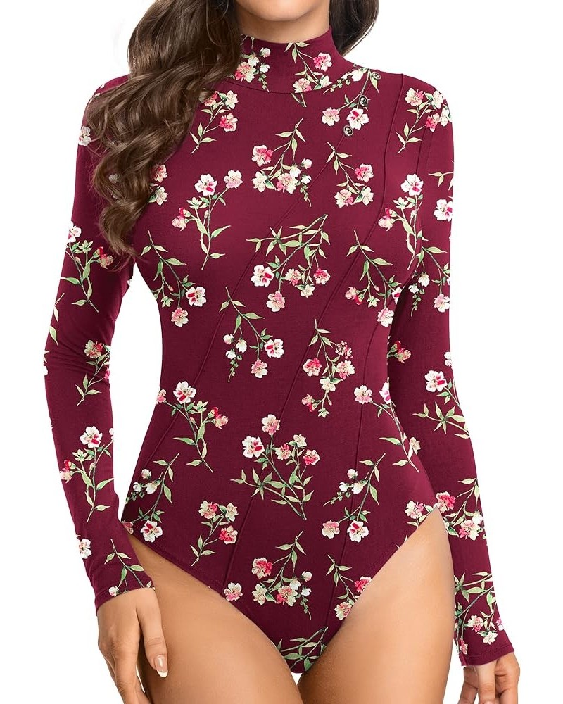 Women's Leotard Basic Tops Bodysuit Jumpsuits Turtleneck Red-floret $10.32 Bodysuits