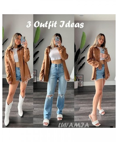 Womens Denim Jacket Distressed Button Down Jean Shirt For Women Ripped Shacket Coat D-brown $23.84 Tops