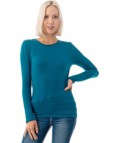 Basic Round Crew Neck Long Sleeve T-Shirts - Stretch Cotton Spandex Teal $11.20 T-Shirts