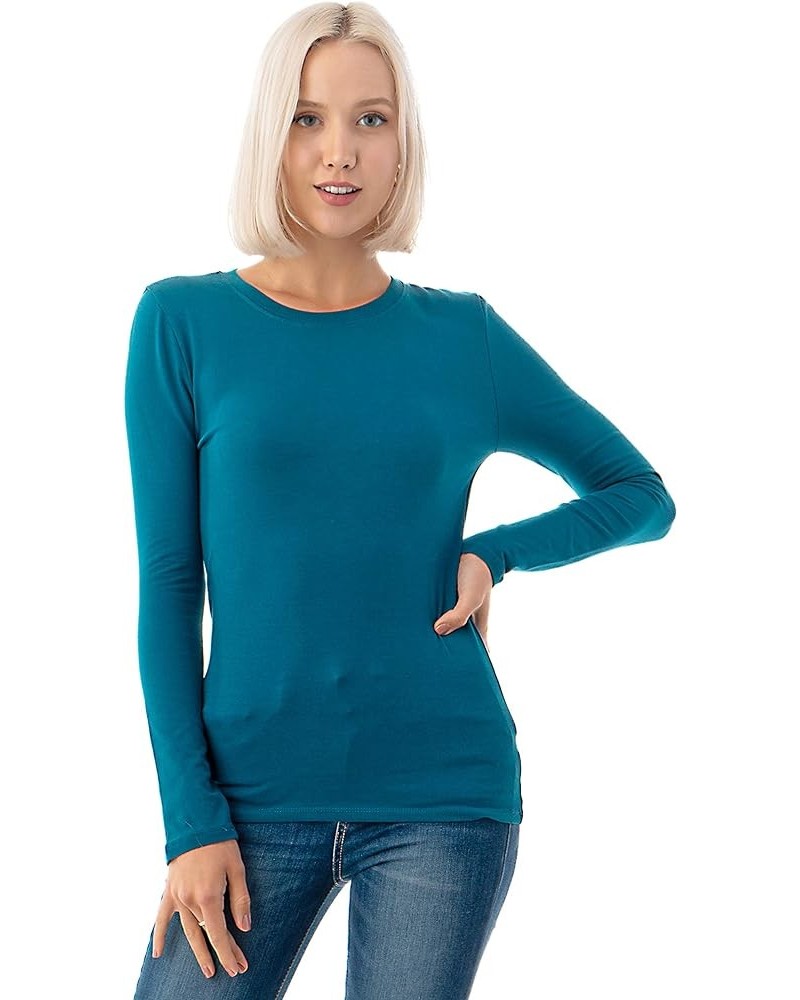 Basic Round Crew Neck Long Sleeve T-Shirts - Stretch Cotton Spandex Teal $11.20 T-Shirts