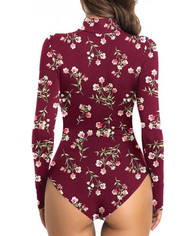 Women's Leotard Basic Tops Bodysuit Jumpsuits Turtleneck Red-floret $10.32 Bodysuits