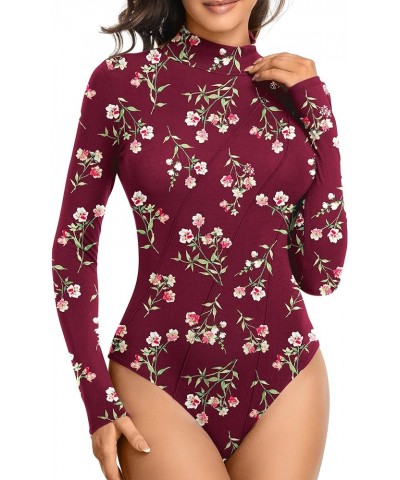 Women's Leotard Basic Tops Bodysuit Jumpsuits Turtleneck Red-floret $10.32 Bodysuits