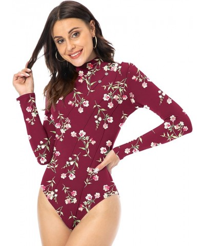 Women's Leotard Basic Tops Bodysuit Jumpsuits Turtleneck Red-floret $10.32 Bodysuits