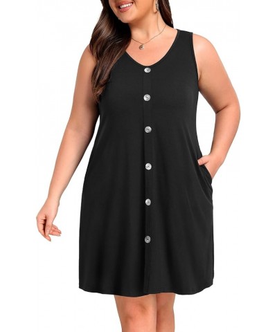 Plus Size Women Tank Dresses Sleeveless Criss Cross Back Cover Up T-Shirt Sun Dress with Pockets Buttons Black $18.01 Swimsuits