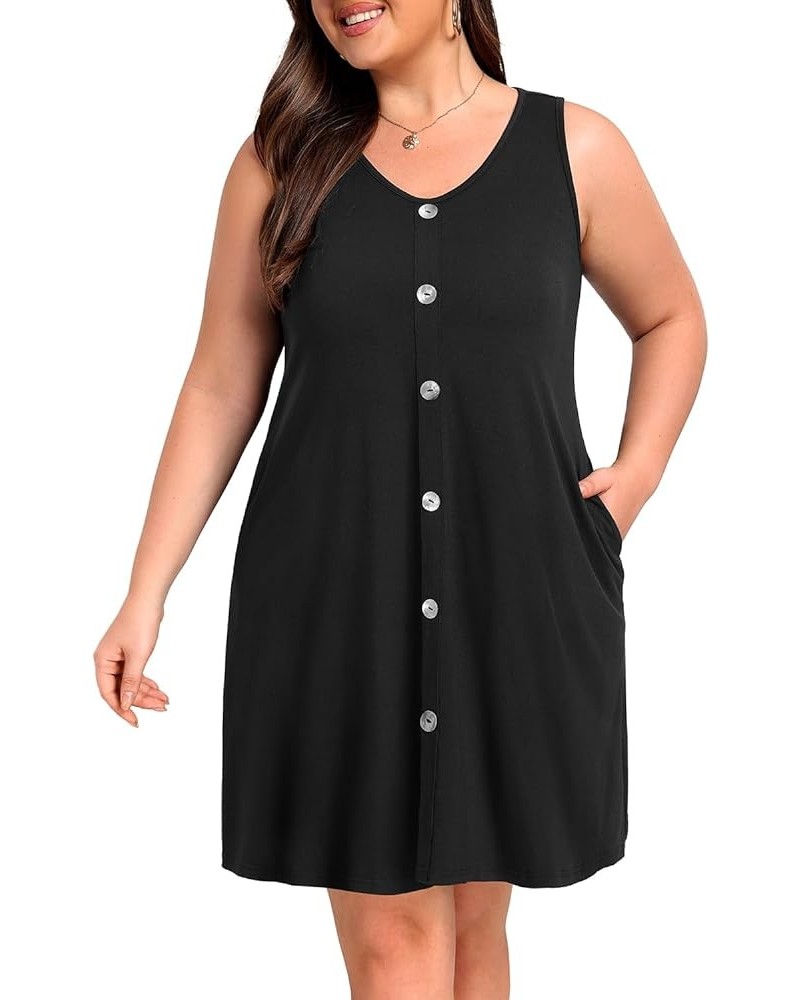 Plus Size Women Tank Dresses Sleeveless Criss Cross Back Cover Up T-Shirt Sun Dress with Pockets Buttons Black $18.01 Swimsuits