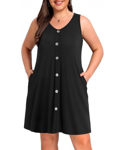 Plus Size Women Tank Dresses Sleeveless Criss Cross Back Cover Up T-Shirt Sun Dress with Pockets Buttons Black $18.01 Swimsuits