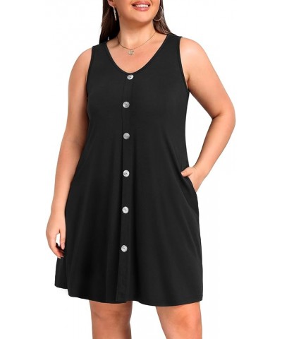 Plus Size Women Tank Dresses Sleeveless Criss Cross Back Cover Up T-Shirt Sun Dress with Pockets Buttons Black $18.01 Swimsuits