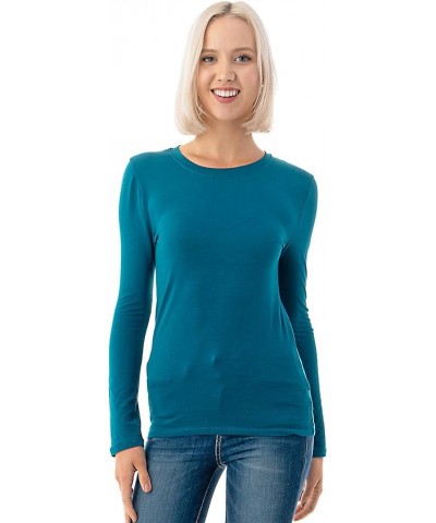 Basic Round Crew Neck Long Sleeve T-Shirts - Stretch Cotton Spandex Teal $11.20 T-Shirts