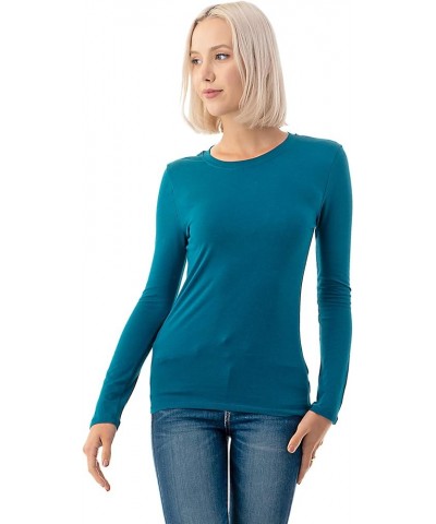 Basic Round Crew Neck Long Sleeve T-Shirts - Stretch Cotton Spandex Teal $11.20 T-Shirts