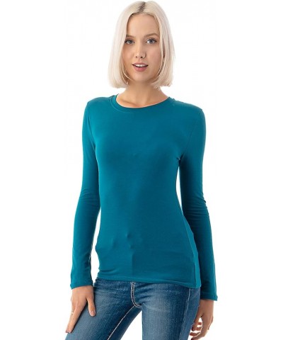 Basic Round Crew Neck Long Sleeve T-Shirts - Stretch Cotton Spandex Teal $11.20 T-Shirts