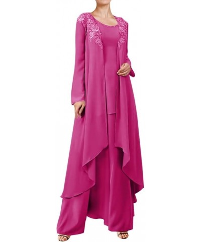 3 Pieces Mother of The Bride Dresses Pant Suits for Wedding Lace Chiffon Long Formal Gown Outfit Set with Jacket Fuchsia $33....