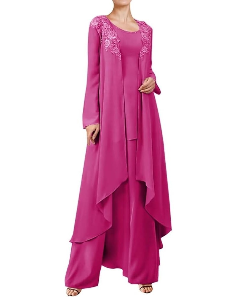 3 Pieces Mother of The Bride Dresses Pant Suits for Wedding Lace Chiffon Long Formal Gown Outfit Set with Jacket Fuchsia $33....