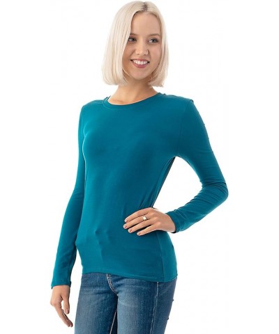 Basic Round Crew Neck Long Sleeve T-Shirts - Stretch Cotton Spandex Teal $11.20 T-Shirts