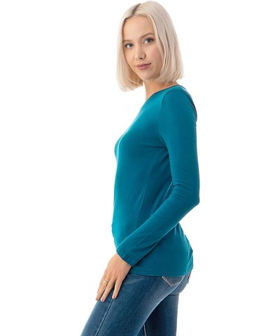 Basic Round Crew Neck Long Sleeve T-Shirts - Stretch Cotton Spandex Teal $11.20 T-Shirts