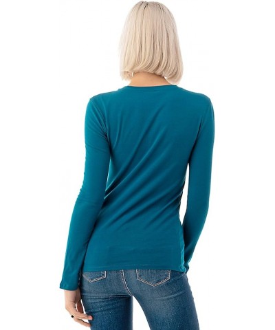 Basic Round Crew Neck Long Sleeve T-Shirts - Stretch Cotton Spandex Teal $11.20 T-Shirts