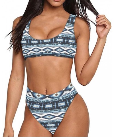 Women Printed Two Pieces High Waisted Cheeky Bikini Sets Low Scoop Crop Swimsuit Blue Aztec $12.00 Swimsuits