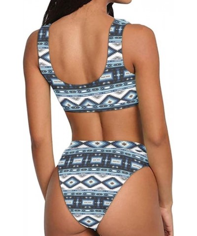 Women Printed Two Pieces High Waisted Cheeky Bikini Sets Low Scoop Crop Swimsuit Blue Aztec $12.00 Swimsuits