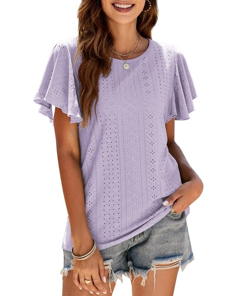 Womens Tops Loose Fit Crew Neck T Shirts for Women Summer Ruffle Sleeve Blouses Purple $15.80 Tops