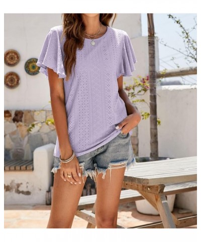 Womens Tops Loose Fit Crew Neck T Shirts for Women Summer Ruffle Sleeve Blouses Purple $15.80 Tops