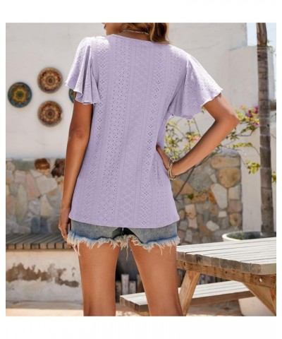 Womens Tops Loose Fit Crew Neck T Shirts for Women Summer Ruffle Sleeve Blouses Purple $15.80 Tops