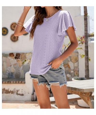 Womens Tops Loose Fit Crew Neck T Shirts for Women Summer Ruffle Sleeve Blouses Purple $15.80 Tops