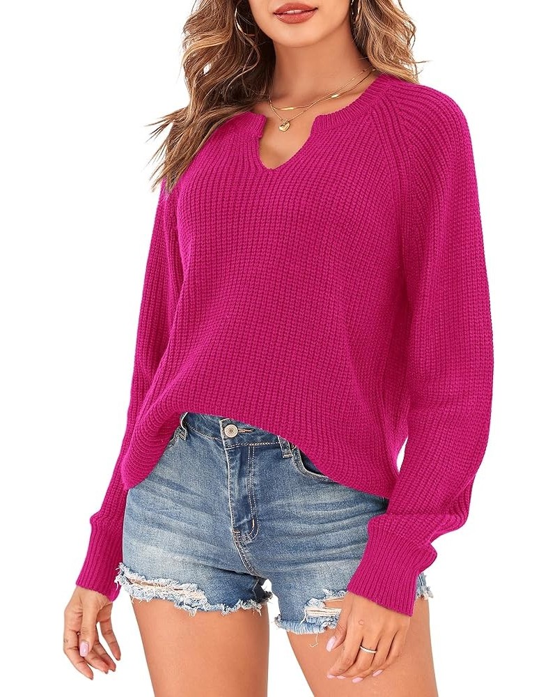 Cropped Pullover Sweaters for Women V Neck Sweater Long Sleeve Casual 2023 Fall Sweater Ribbed Knit Sweater Rose Red $11.39 S...