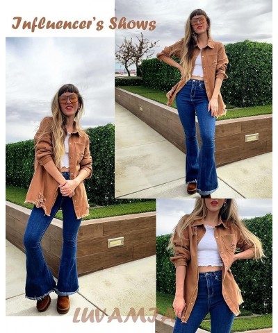 Womens Denim Jacket Distressed Button Down Jean Shirt For Women Ripped Shacket Coat D-brown $23.84 Tops