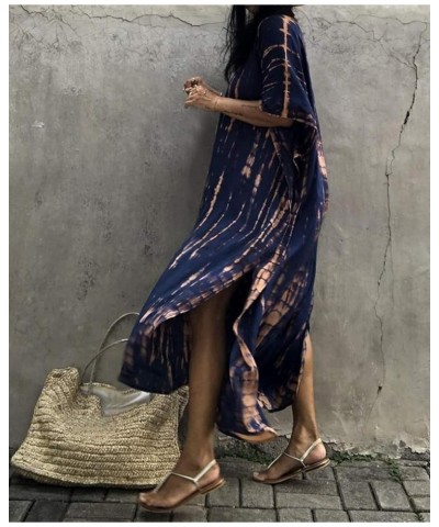 Womens Caftan Plus Size Kaftans Casual V Neck Caftans Long Soft Beach Maxi Dress for Summer A Navy Blue&orange $15.00 Swimsuits